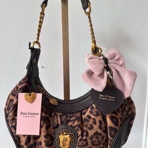 Nwt Juicy Couture Leopard Shoulder Bag hobo Pink Bow romantic gold crest VIRAL
